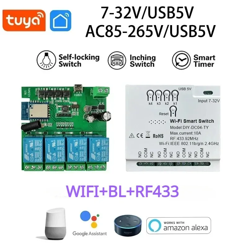 Tuya Smart Switch Wifi Garage Door Wifi Relay Switch Wifi RF 4 Channel Module 85-265V Wifi Curtain Module Wireless Switch