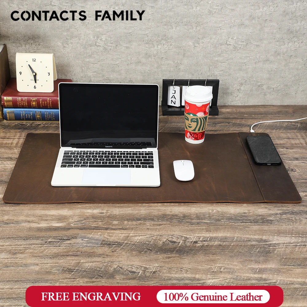 Genuine Leather Mouse Pad With Phone Qi Wireless Charging For Xiaomi Samsung Galaxy Huawei Type USB C 15W Fast Charging Desk Mat