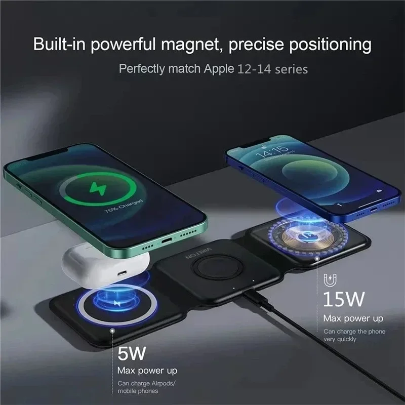 VIKEFON 3 In 1 Foldable Magnetic Wireless Charger Pad Stand for iPhone 15 14 13 Pro Max Apple AirPods Fast Charging Dock Station - Image 2