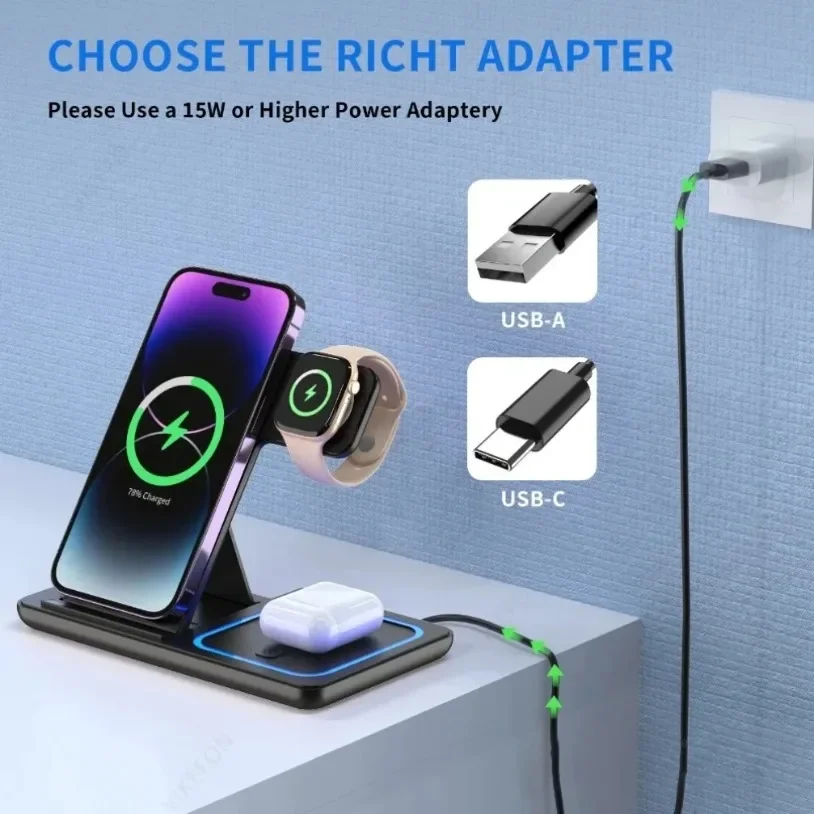 Foldable 3 in 1 Wireless Charging Station for iPhone 17 16 15 14 13 12 Pro Max iWatch 11 Airpods Pro 4/3 Fast Charger Stand Dock - Image 4