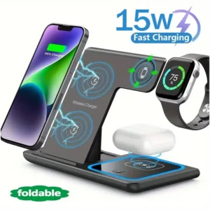 15W LED Fast Wireless Charger Stand 3 in 1 Foldable Charging Station For iPhone17 16 15 14 13 1Apple Watch 9 8 7 6 5 Airpods Pro