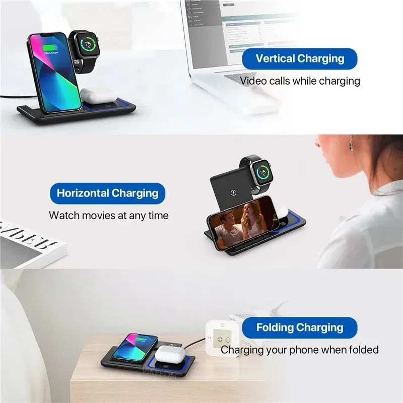 3 In 1 Wireless Charger Stand Pad Foldable Fast Charging Station Dock For IPhone 14 13 12 11 Pro Max Apple Watch 1-8 Airpods 3 2 - Image 4