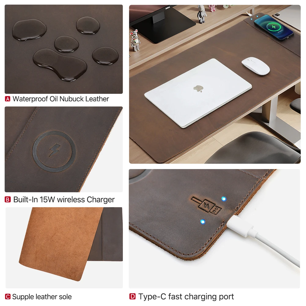 Genuine Leather Mouse Pad With Phone Qi Wireless Charging For Xiaomi Samsung Galaxy Huawei Type USB C 15W Fast Charging Desk Mat - Image 5