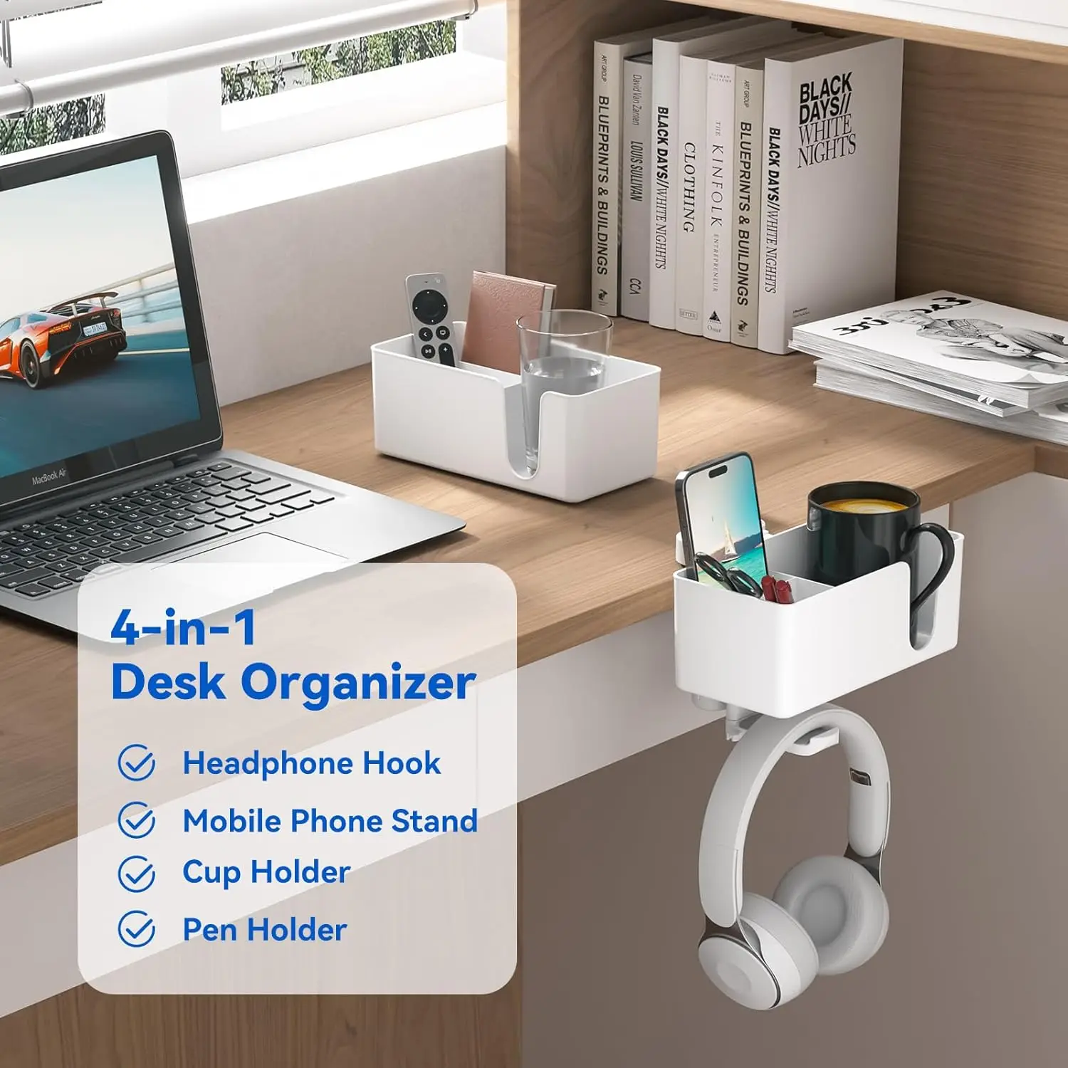 4-in-1 Under Desk Organizer with Cup Holder, Headphone Hanger, 2 Wire Holes, Rotating & Detachable, White - Image 2