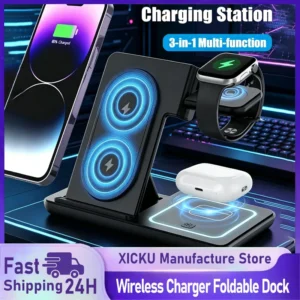 Night LED Light 3 In 1 Wireless Charger Foldable Stand For iPhone Samsung Apple Watch 2-11 SE Airpods Pro Fast Charging Station