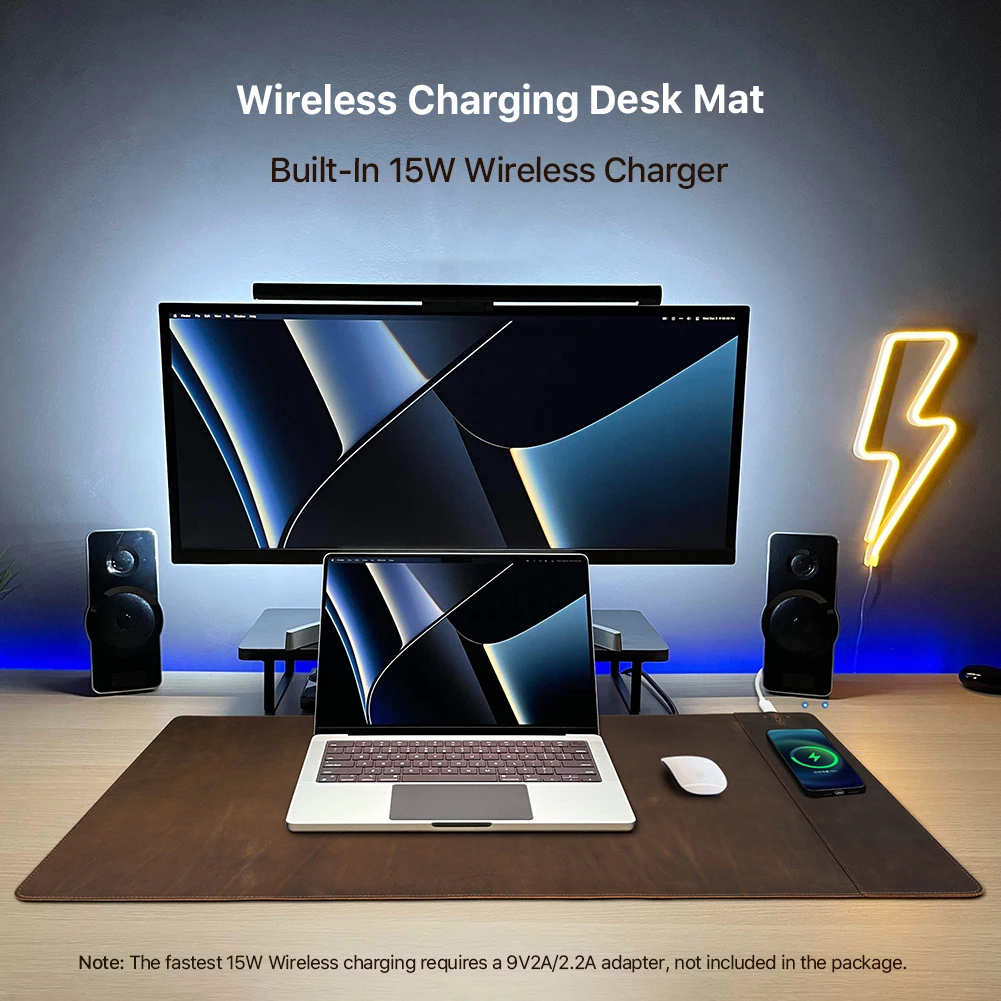 Genuine Leather Mouse Pad With Phone Qi Wireless Charging For Xiaomi Samsung Galaxy Huawei Type USB C 15W Fast Charging Desk Mat - Image 3