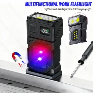 Rotatable LED Keychain Flashlights 500LM USB Rechargeable Work Lantern, Portable Emergency Torch with Magnet & Digital Display