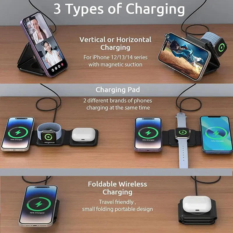 3 in 1 Wireless Charging Station for Apple MagSafe Charger, Foldable Magnetic Travel Charger for iPhone Apple Watch AirPods Pro - Image 5