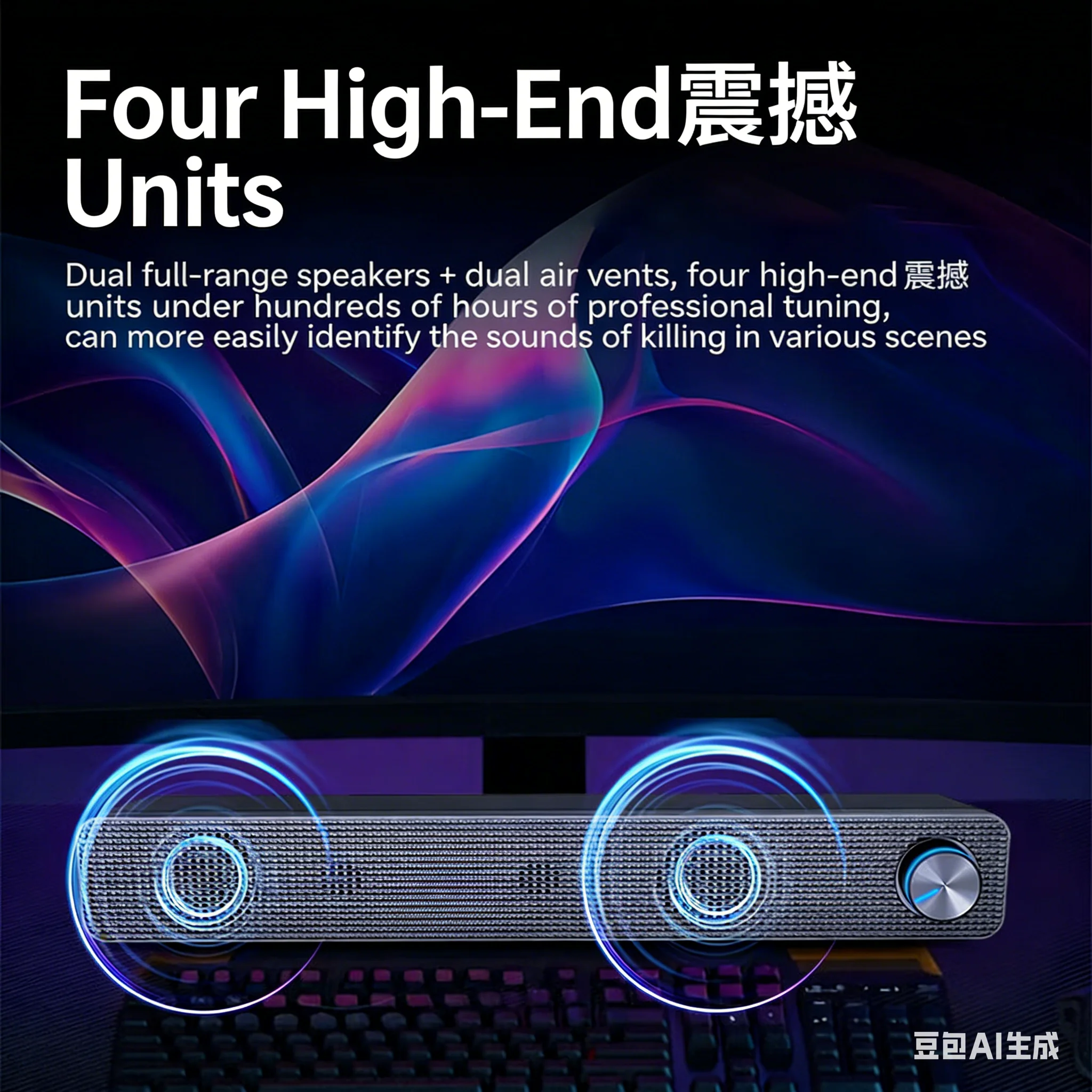 V-195 Gaming Soundbar,Wired&Bluetooth Speaker for PC/PS5/Xbox, RGB Light, 4 Unit Stereo Bass, 3.5mm/USB, Music/Movie/Game Modes - Image 3