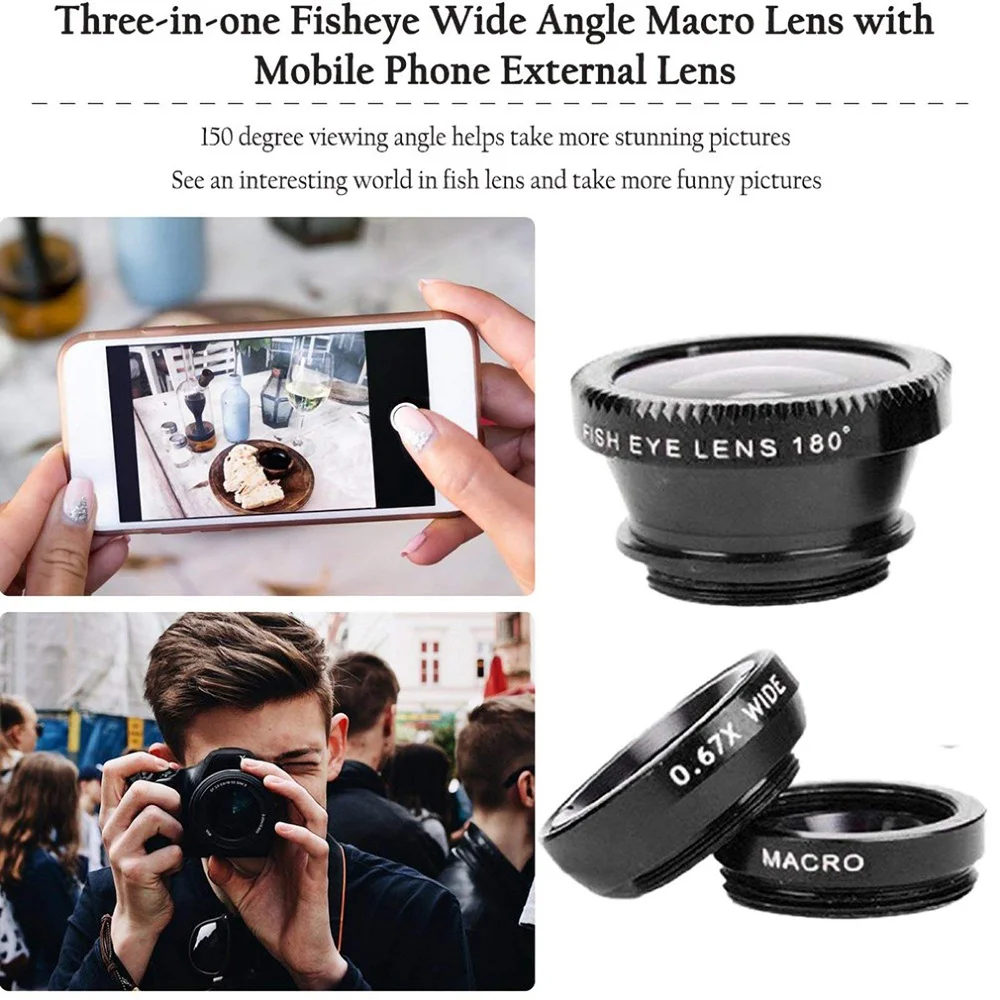 3 in 1 Fisheye Lens 0.67X Wide Angle Micro Camera Lens With Phone Clip For iPhone Samsung Xiaomi Universally Smartphone Lens Kit - Image 3