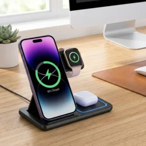 15W LED Fast Wireless Charger Stand 3 in 1 Foldable Charging Station Fast Charging Dock With LED Indicator Portable Desktop Trav