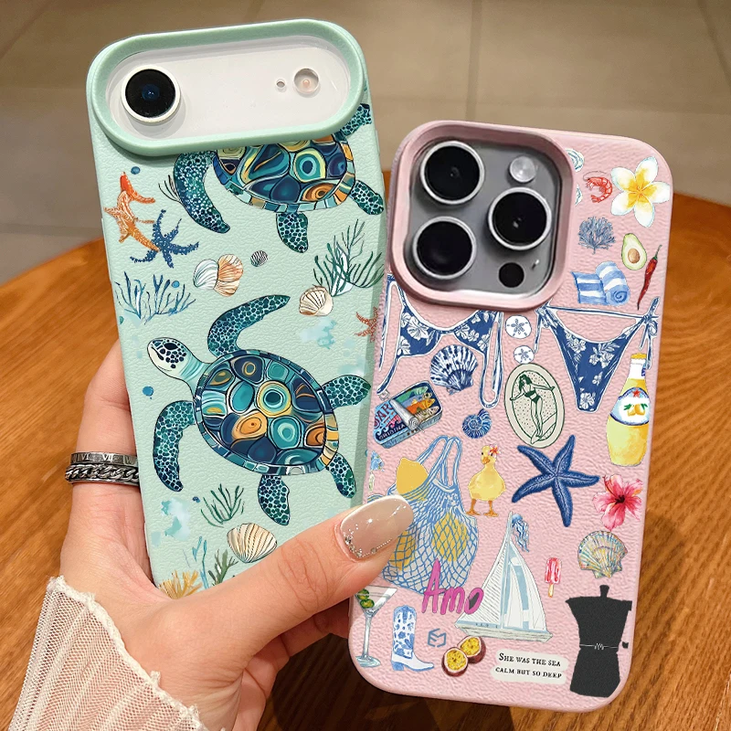 Turtle Ocean Patterned Phone Case For iPhone 17e 17 Pro Max 16 15 14 13 Pro Max 16e 11 Shockproof Soft TPU Leather Texture Cover