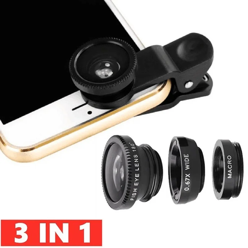 3 In 1 Fisheye Lens 0.67X Wide Angle Micro Camera Lens Angle Zoom Fish Eye Lens Kit Smartphone Lenses With Phone Clip For iPhone