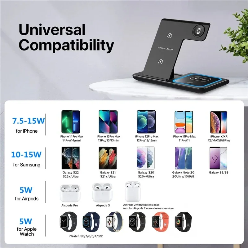 3 In 1 Wireless Charger Stand Pad Foldable Fast Charging Station Dock For IPhone 14 13 12 11 Pro Max Apple Watch 1-8 Airpods 3 2 - Image 6