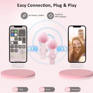 Pink &White K60 Wireless Lavalier Microphone Smartphone,Clip On Lapel Mic Plug-Play Microphone For Video Audio Recording