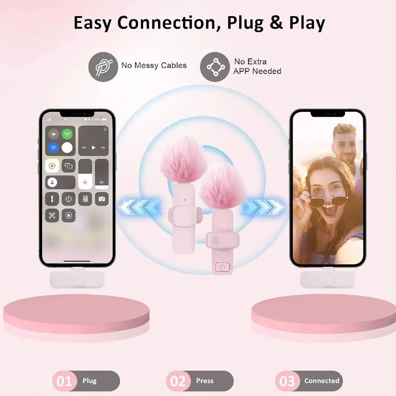 Pink &White K60 Wireless Lavalier Microphone Smartphone,Clip On Lapel Mic Plug-Play Microphone For Video Audio Recording