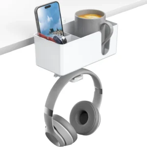 4-in-1 Under Desk Organizer with Cup Holder, Headphone Hanger, 2 Wire Holes, Rotating & Detachable, White
