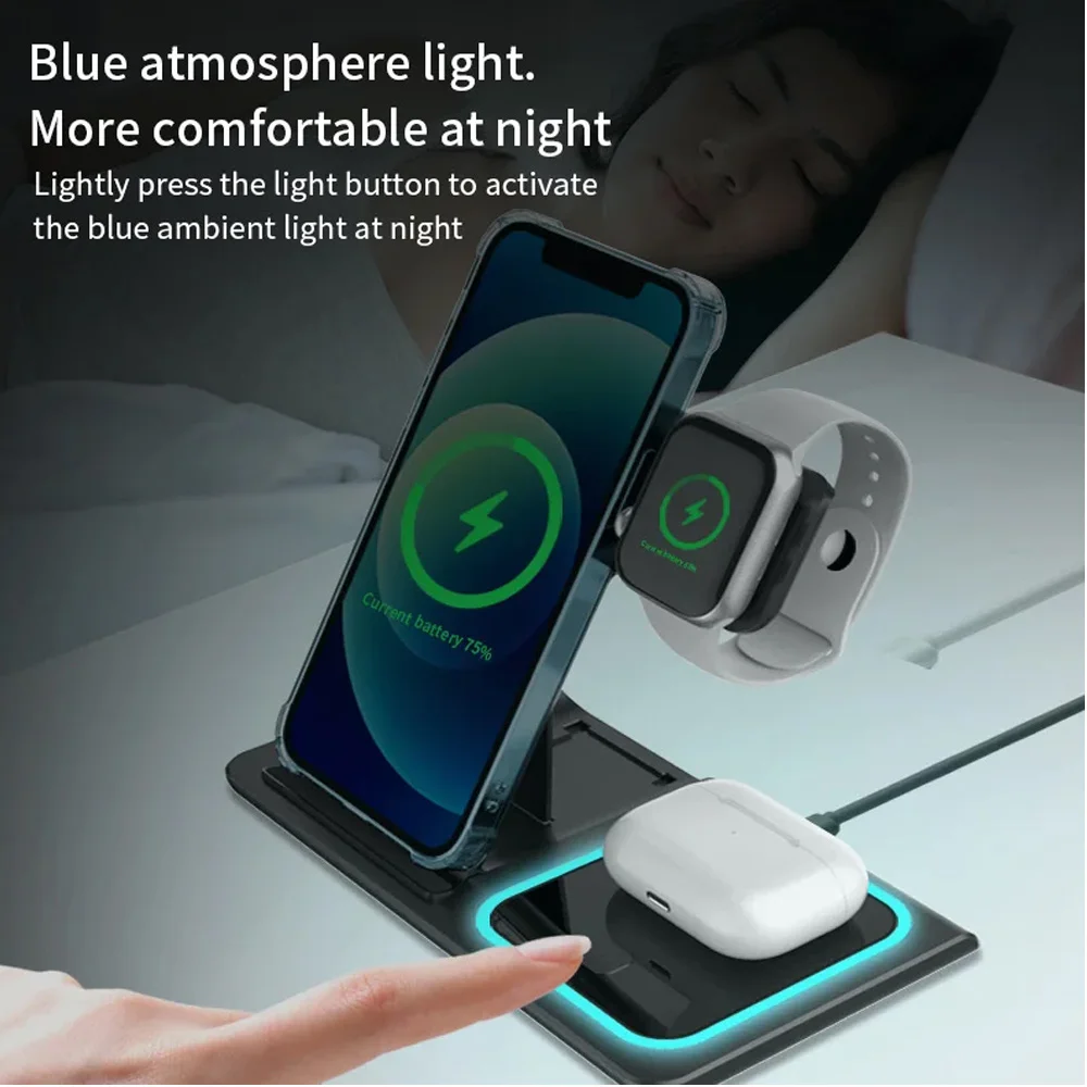 15W LED Fast Wireless Charger Stand 3 in 1 Foldable Charging Station For iPhone17 16 15 14 13 1Apple Watch 9 8 7 6 5 Airpods Pro - Image 3