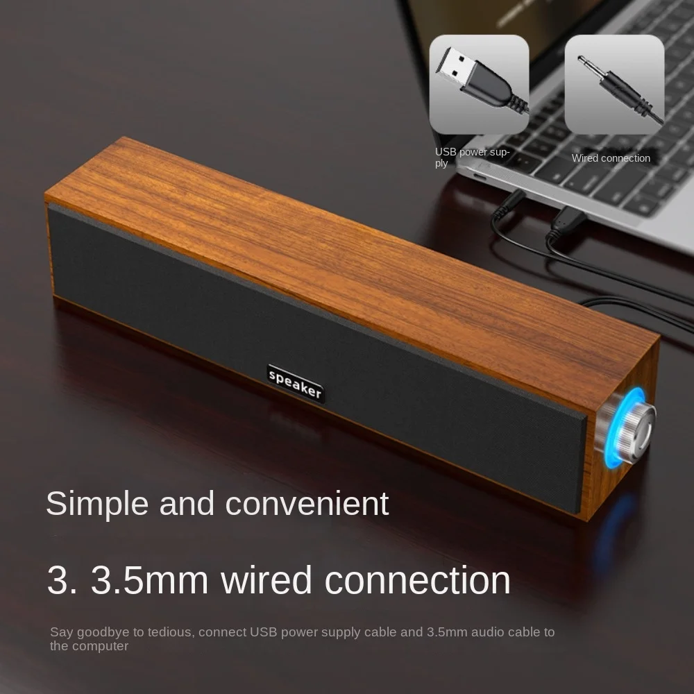 New Long Strip USB Wired Bluetooth Dual Speakers Wooden Small Speaker Computer Notebook Sound Bar Desktop Heavy Bass - Image 3