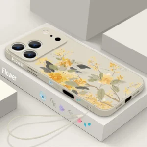 Yellow Flower TPU Lanyard Phone Case For iPhone 17e 17 Pro Max 16 15 14 13 Pro Max 16e 11 Shockproof Soft Silicone Painted Cover