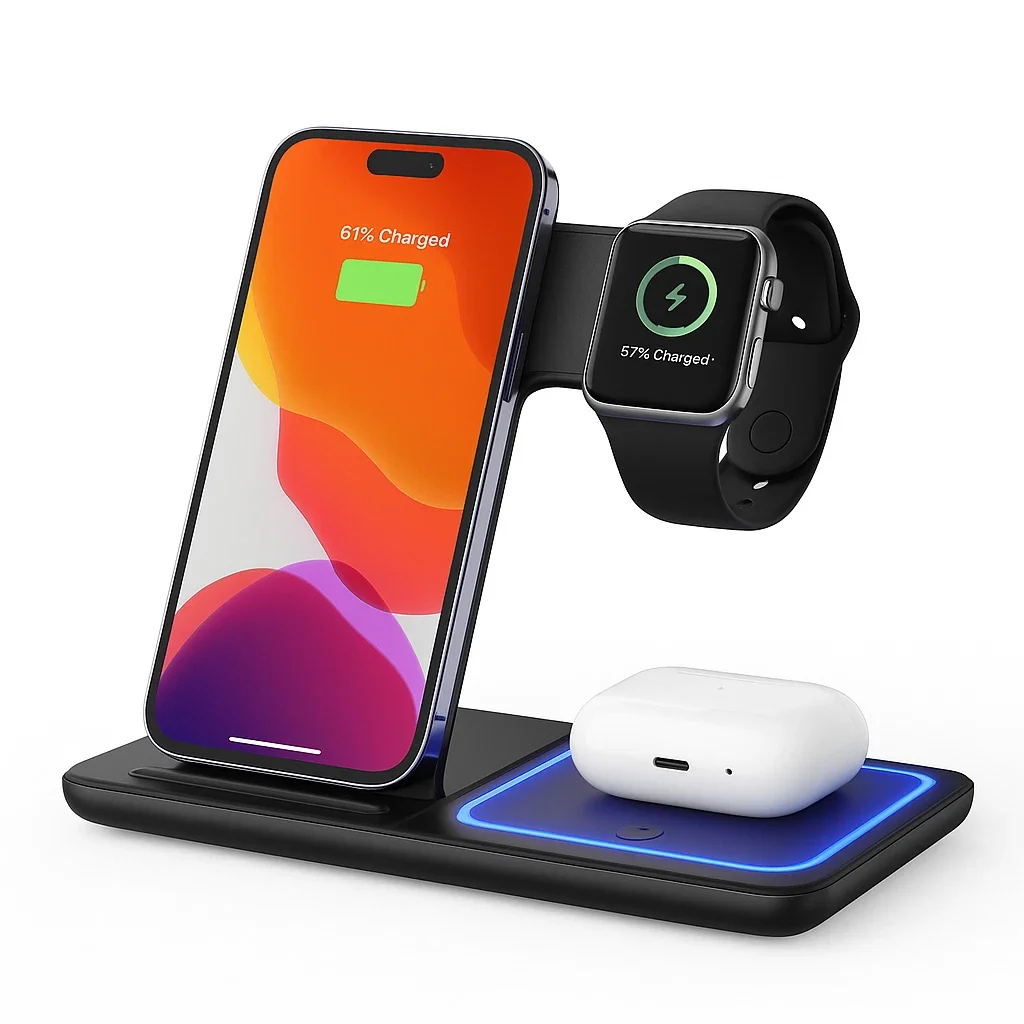 LED Fast Wireless Charger Stand 3 in 1 Foldable Charging Station For iPhone17/16/15/14Apple Watch 9 8 7 6 5 Airpods Pro