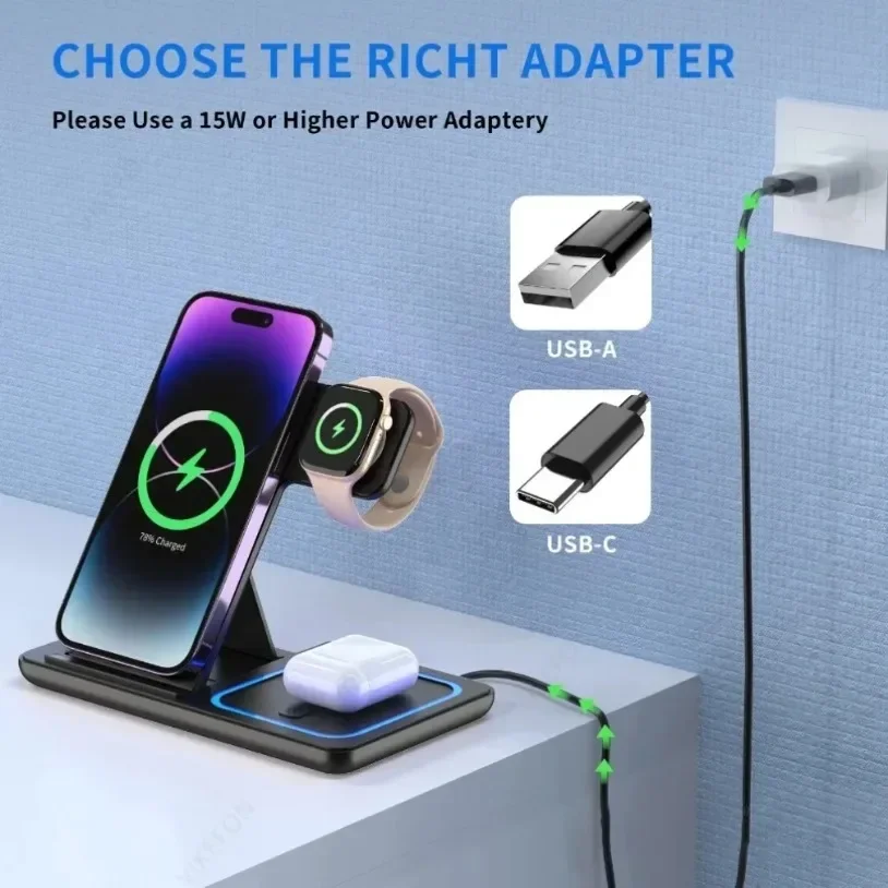 3 in 1 Fast Wireless Charger Stand Foldable Charging Station For iPhone17 16 15 14 13 12 11 Apple Watch Airpods Pro iWatch 8 7 6 - Image 4