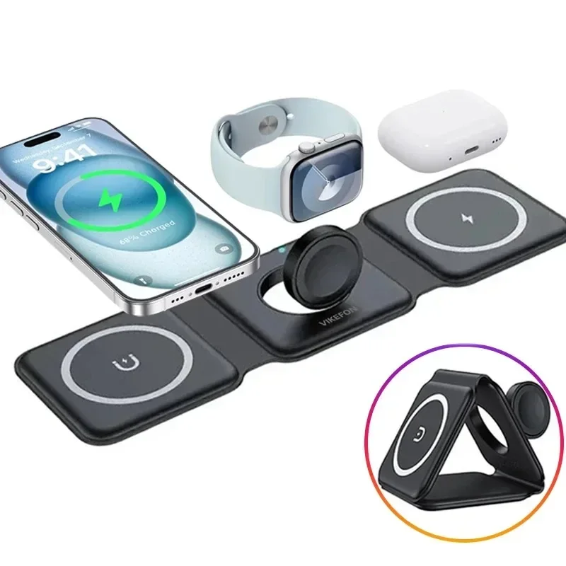 VIKEFON 3 In 1 Foldable Magnetic Wireless Charger Pad Stand for iPhone 15 14 13 Pro Max Apple AirPods Fast Charging Dock Station - Image 6