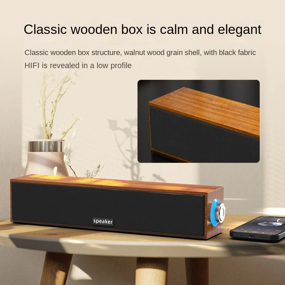 New Long Strip USB Wired Bluetooth Dual Speakers Wooden Small Speaker Computer Notebook Sound Bar Desktop Heavy Bass - Image 5