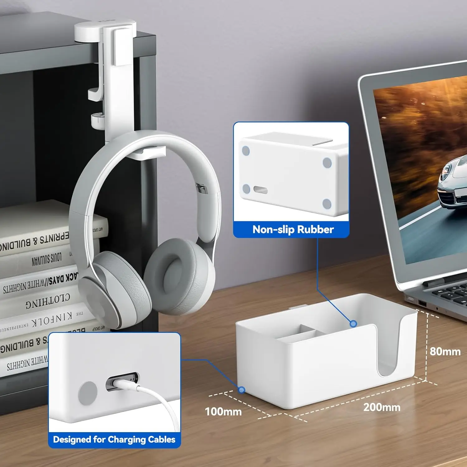 4-in-1 Under Desk Organizer with Cup Holder, Headphone Hanger, 2 Wire Holes, Rotating & Detachable, White - Image 4