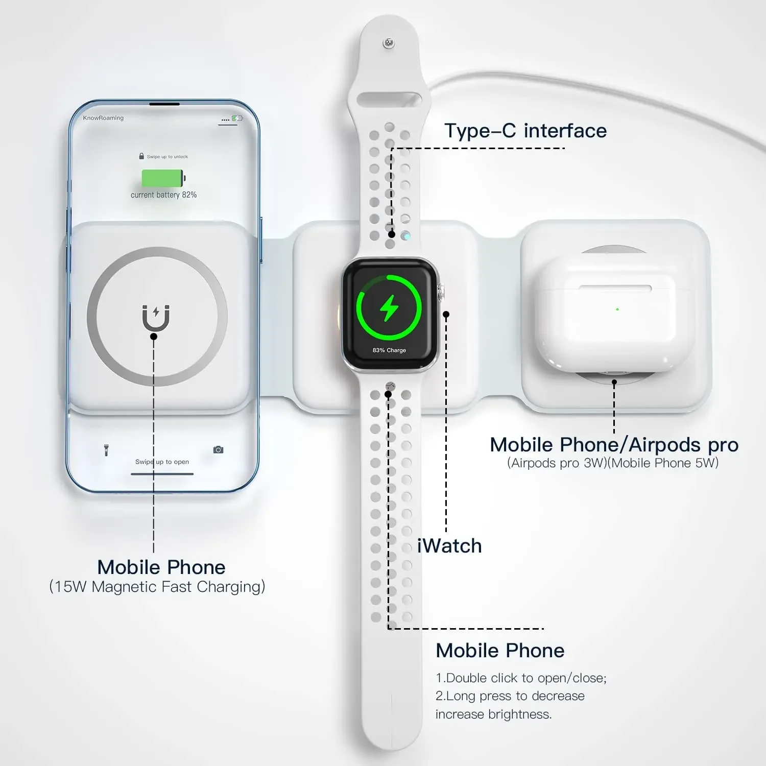 3-in-1 Foldable Magnetic Wireless Charger 15W Fast Charging Station for iPhone 16/15/14 Apple Watch AirPods - Image 2
