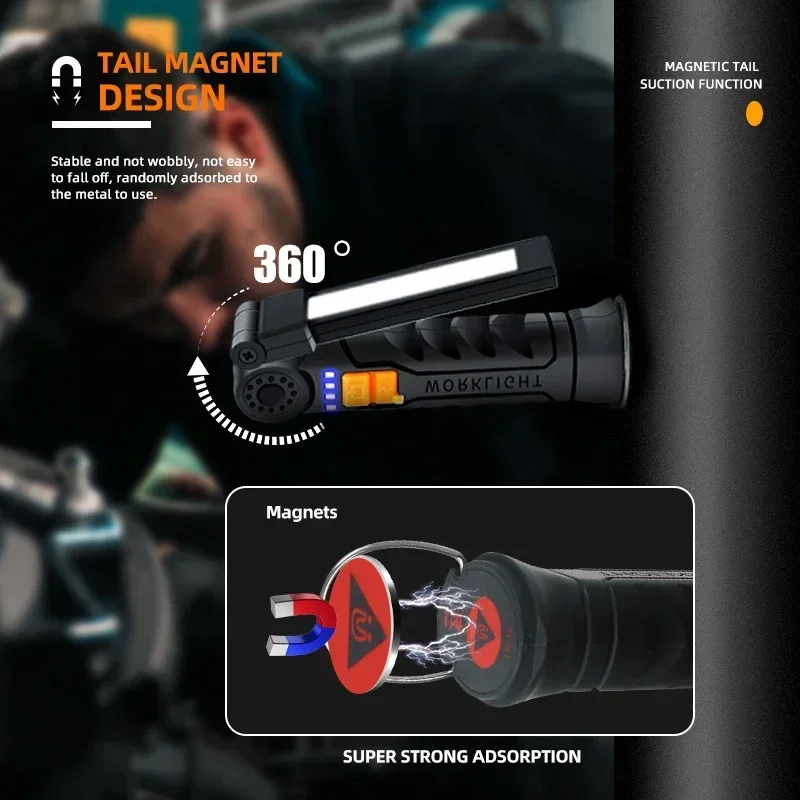 COB LED Work Light Dimmable Rechargeable LED Flashlight Inspection Lamp With Magnetic Hook Power Bank Built in Battery Torch - Image 2