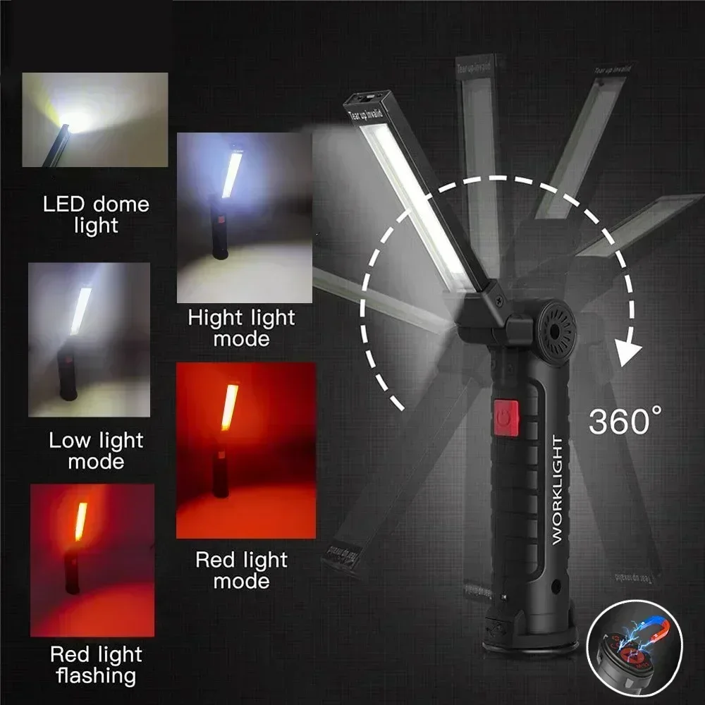 COB LED Work Light Dimmable USB Rechargeable LED Flashlight Inspection Lamp With Magnetic Hook Power Bank 18650 Battery Torch - Image 2